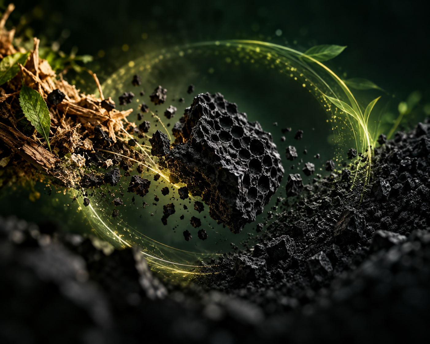 Biochar particles and biomass connected by circular energy pathways